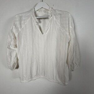 Carve Designs Womens Organic Cotton White Striped Ruffled Collar Blouse Medium